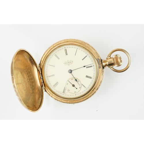 539 - Elgin gold plated full hunter pocket watch having a round white enamelled face with roman numerals t... 