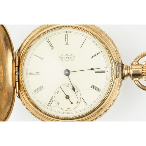 539 - Elgin gold plated full hunter pocket watch having a round white enamelled face with roman numerals t... 