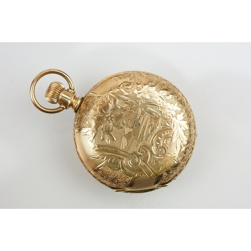 539 - Elgin gold plated full hunter pocket watch having a round white enamelled face with roman numerals t... 