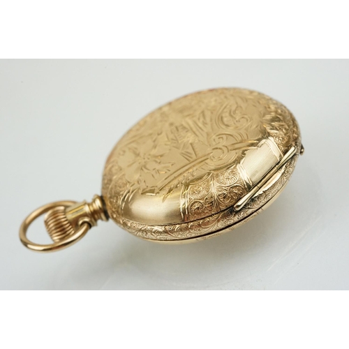 539 - Elgin gold plated full hunter pocket watch having a round white enamelled face with roman numerals t... 