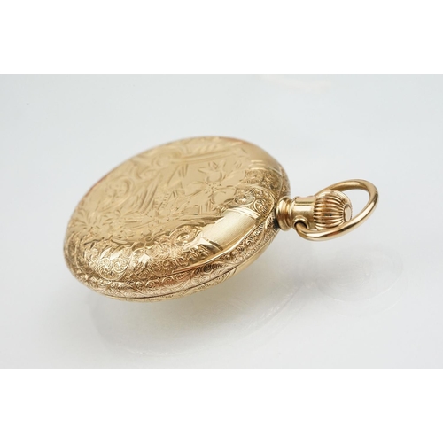 539 - Elgin gold plated full hunter pocket watch having a round white enamelled face with roman numerals t... 