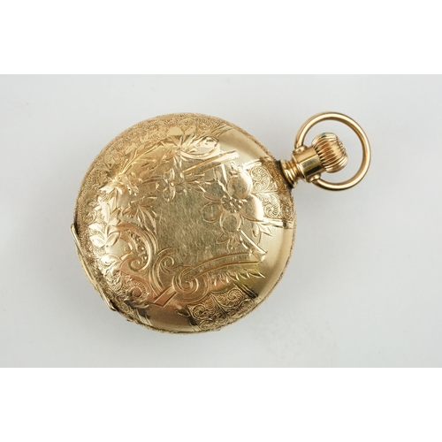 539 - Elgin gold plated full hunter pocket watch having a round white enamelled face with roman numerals t... 