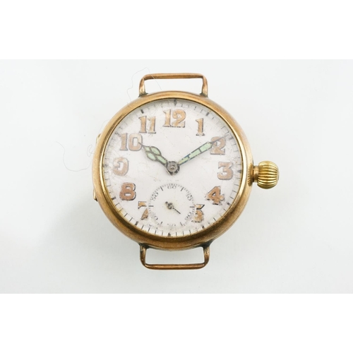 540 - Art Deco 9ct gold wrist watch having a white enamelled face with arabic numerals to the chapter ring... 