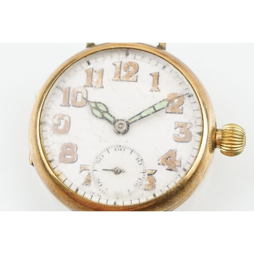 540 - Art Deco 9ct gold wrist watch having a white enamelled face with arabic numerals to the chapter ring... 