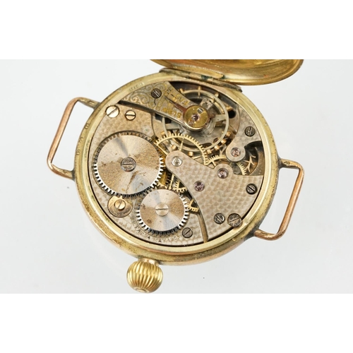 540 - Art Deco 9ct gold wrist watch having a white enamelled face with arabic numerals to the chapter ring... 