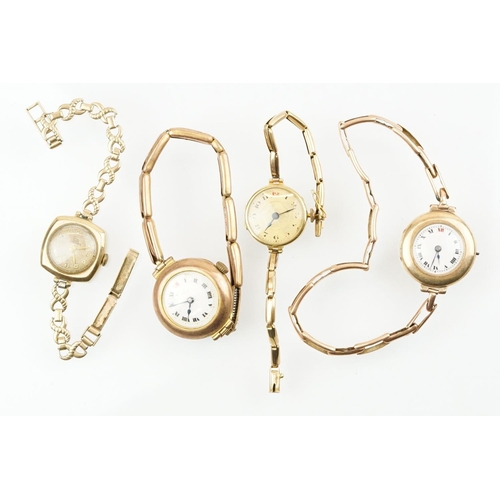 541 - Four gold cased wrist watches to include a red cord watch with 9ct case and strap, a 15ct gold gilt ... 