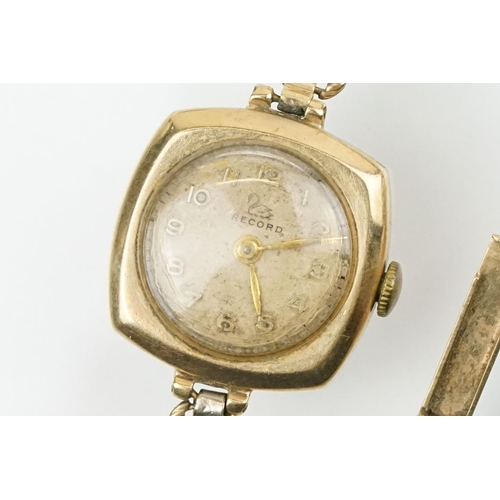 541 - Four gold cased wrist watches to include a red cord watch with 9ct case and strap, a 15ct gold gilt ... 