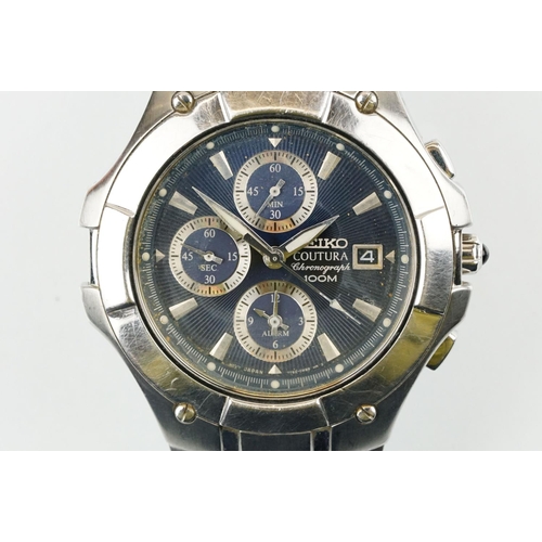 547 - Seiko Coutura chronograph 100m wrist watch. The watch having a textured blue dial, baton markers to ... 