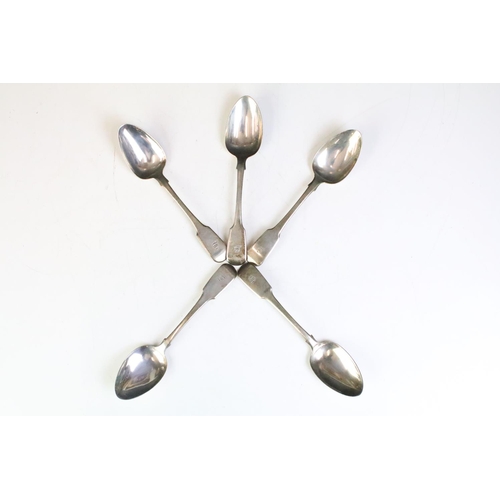 576 - Set of five 19th Century William IV silver fiddle pattern spoons, each with engraved initials to the... 