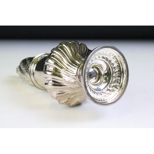 586 - 19th Century Victorian silver hallmarked sugar shaker of reeded baluster form with pierced lid. Hall... 