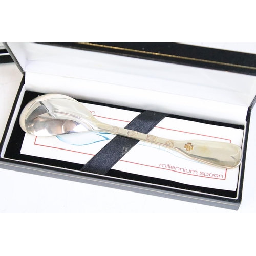 589 - Collection of silver spoons to include a haviland silver commemorative millennium spoon, two swan fi... 