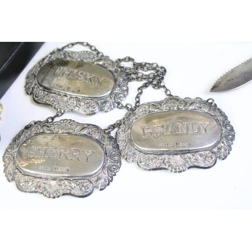 591 - Collection of 19th Century and later silver to include three silver hallmarked decanter labels (Bran... 