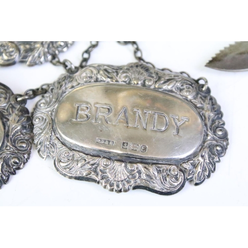 591 - Collection of 19th Century and later silver to include three silver hallmarked decanter labels (Bran... 