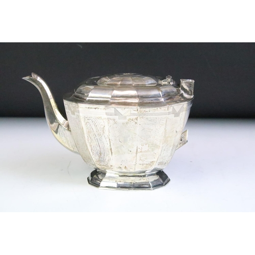 597 - Mid Century silver hallmarked teapot of faceted form, missing handle and finial. Hallmarked Sheffiel... 