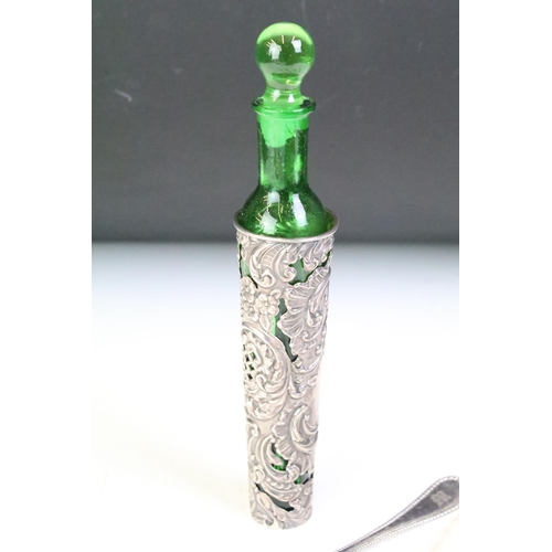 607 - 19th Century Victorian green glass perfume bottle with a repousse decorated case (hallmarked Birming... 