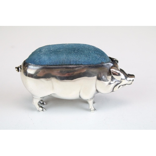 633 - Edwardian novelty silver pin cushion modelled as a pig, Birmingham 1906, makers Adie & Lovekin Ltd, ... 