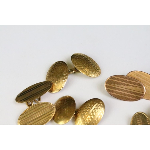 360A - Three pairs of gold cufflinks to include a pair of 18ct gold domed head engine turned cufflinks (hal... 