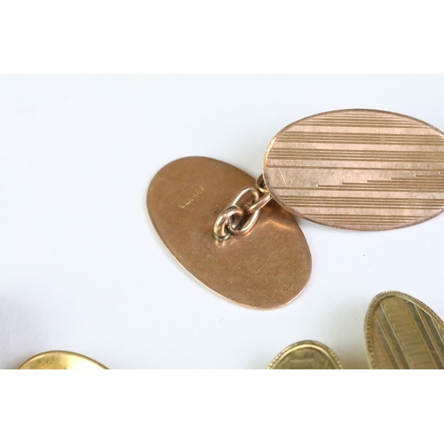 360A - Three pairs of gold cufflinks to include a pair of 18ct gold domed head engine turned cufflinks (hal... 