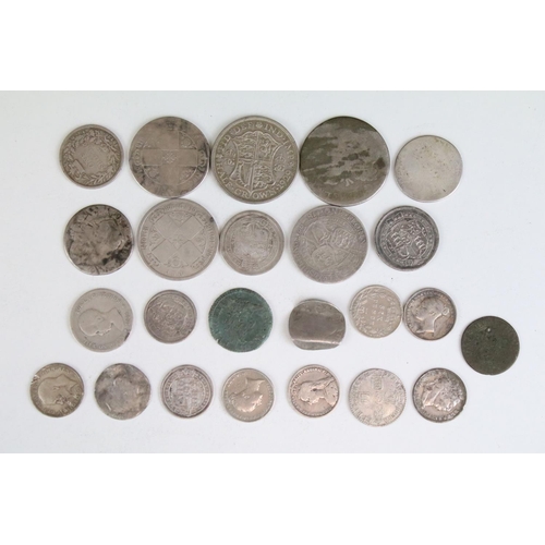 302 - A collection of British pre decimal mainly silver coins to include King George III and Queen Victori... 