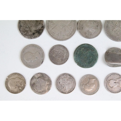 302 - A collection of British pre decimal mainly silver coins to include King George III and Queen Victori... 