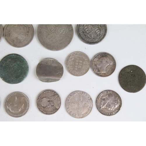 302 - A collection of British pre decimal mainly silver coins to include King George III and Queen Victori... 