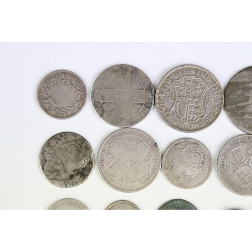 302 - A collection of British pre decimal mainly silver coins to include King George III and Queen Victori... 