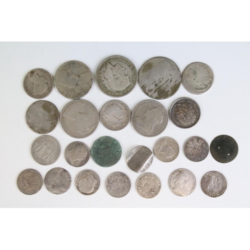 302 - A collection of British pre decimal mainly silver coins to include King George III and Queen Victori... 