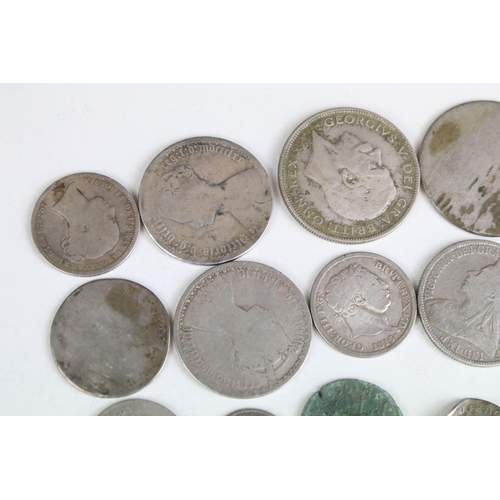 302 - A collection of British pre decimal mainly silver coins to include King George III and Queen Victori... 