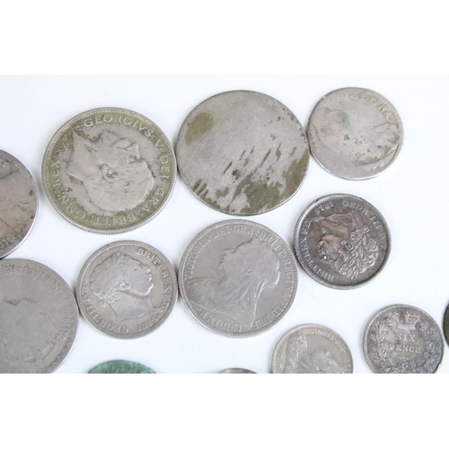 302 - A collection of British pre decimal mainly silver coins to include King George III and Queen Victori... 