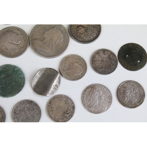 302 - A collection of British pre decimal mainly silver coins to include King George III and Queen Victori... 