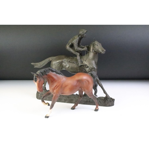 135 - Resin model of a racehorse & jockey with indistinct mark to base (approx 29.5cm high), together with... 