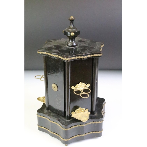 142 - 19th Century Victorian cigar dispenser constructed from ebonised wood of hexagonal form with six pan... 