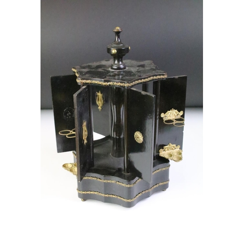 142 - 19th Century Victorian cigar dispenser constructed from ebonised wood of hexagonal form with six pan... 
