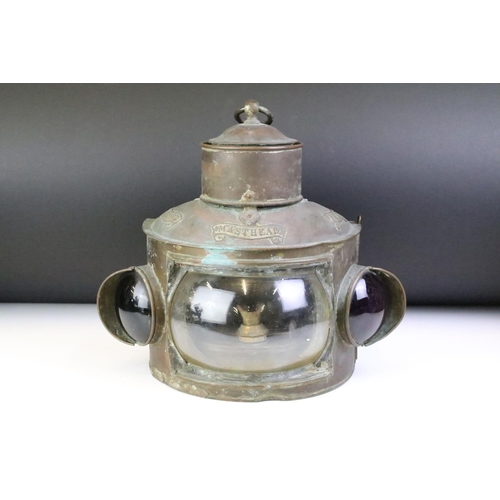 157 - Masthead ships lantern having a copper case with convex glass windows, labelled starboard and port t... 