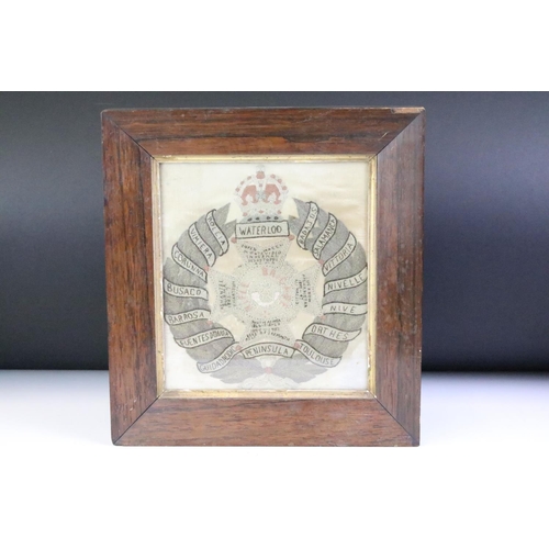 160 - Edwardian military silk picture, 'Rifle Brigade' with battle honours, approx 22cm x 20cm, period ros... 