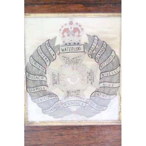 160 - Edwardian military silk picture, 'Rifle Brigade' with battle honours, approx 22cm x 20cm, period ros... 