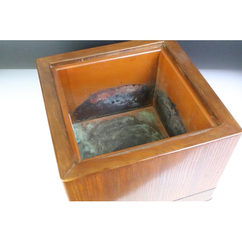 167 - Japanese wooden Hibachi of square form, with copper liner and twin inset handles, measures approx 23... 