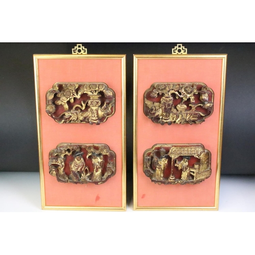 175 - Group of four Quing Dynasty red lacquered & gilt carved wooden sections, mounted & framed in pairs. ... 