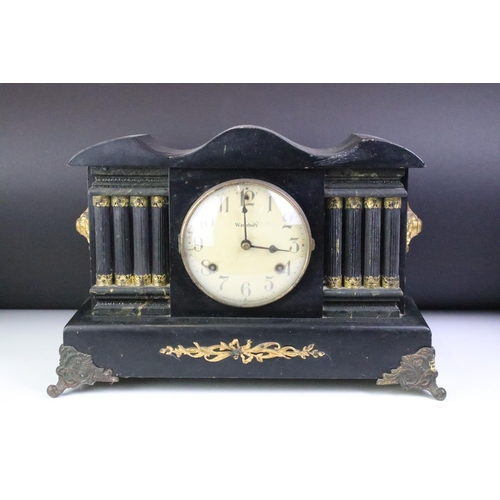 176 - Late 19th century Waterbury Clock Co. black painted Westminster chiming mantel clock, of architectur... 