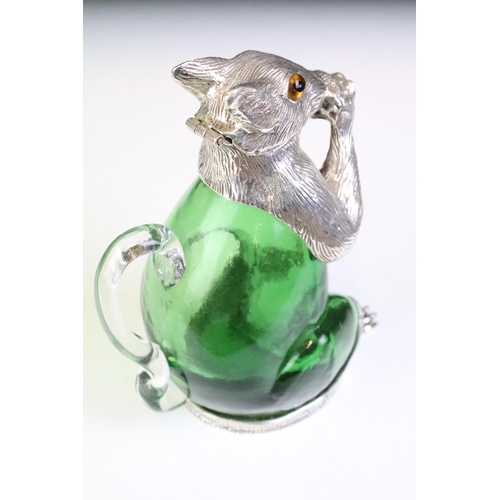 188 - Unusual silver plated squirrel decanter in green glass