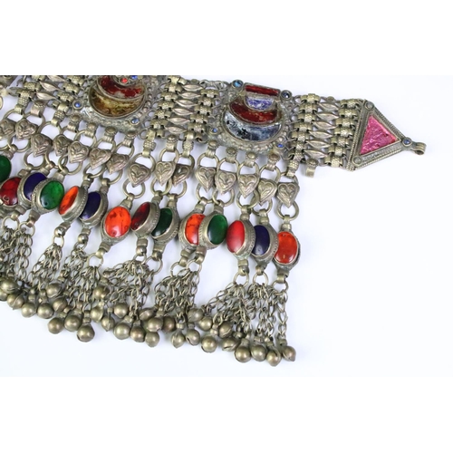 200 - A highly decorative Indian white metal collar necklace with decorative coloured stones.