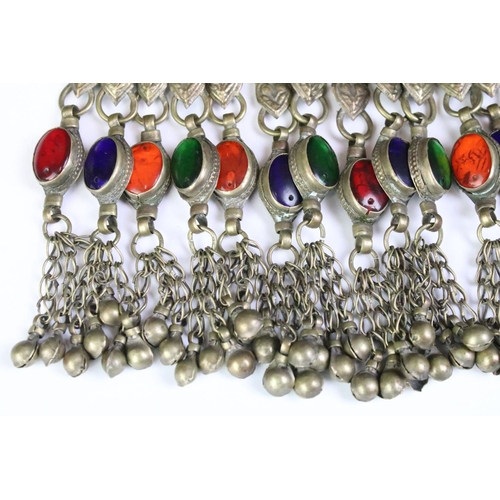 200 - A highly decorative Indian white metal collar necklace with decorative coloured stones.