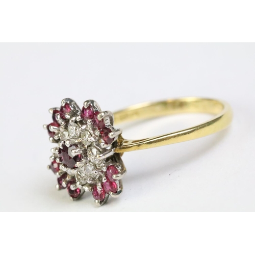 224 - 18ct yellow gold ruby and diamond cluster ring