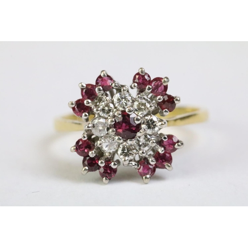 224 - 18ct yellow gold ruby and diamond cluster ring