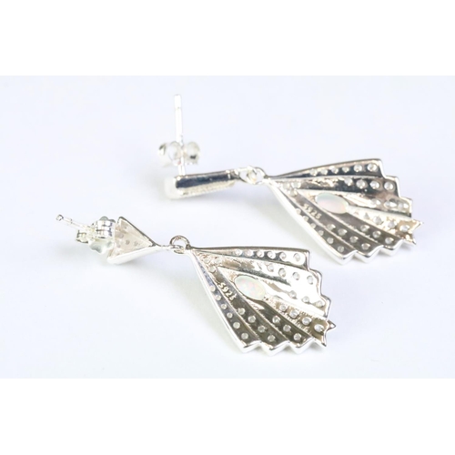 230 - Pair of fan shaped CZ and opal panelled drop earrings