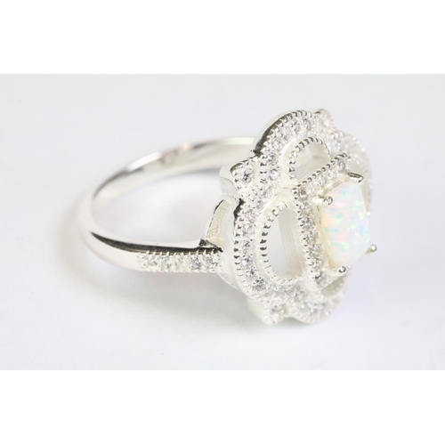 245 - Silver, CZ and opal panelled Art Deco style dress ring