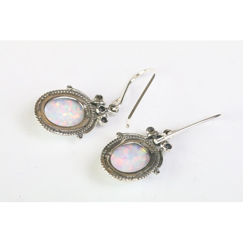 253 - Pair of silver and opal drop earrings