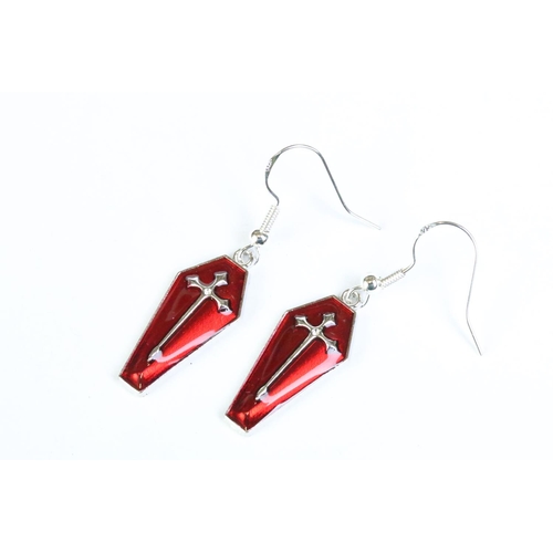 254 - A ladies gothic earring and pendant set, coffin shaped pendant with red enamel and central cross det... 