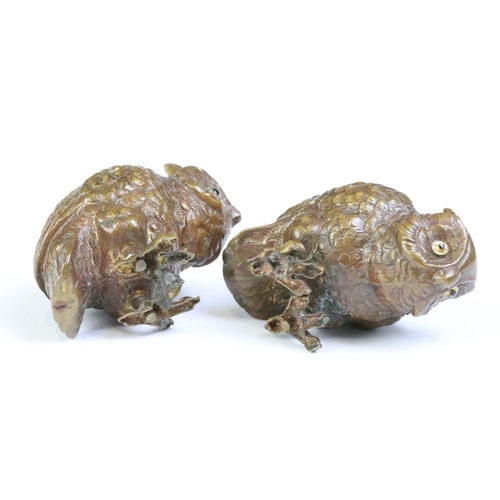 261 - A set of four bronze owl figures set with coloured glass backs.