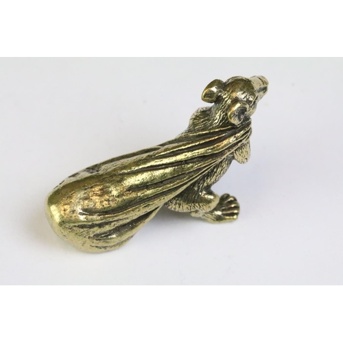 262 - A Chinese ornamental Solid brass lucky fortune rat with character marks to bag, measures approx 6cm ... 